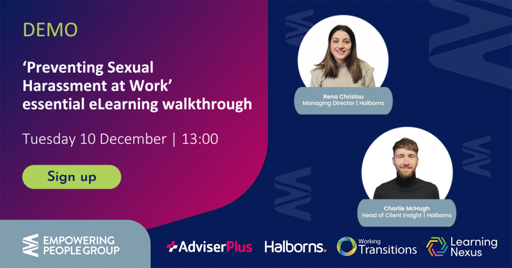 Image with text: 'Preventing sexual harassment at work essential eLearning walkthrough'. On the right, pictures of two speakers.